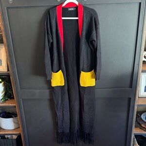 Stylish Black Cardigan with Red and Yellow Accents